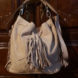 Brian Atwood Blush Embossed Bucket Bag with Fringes